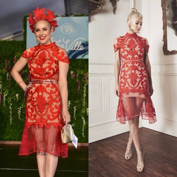 THURLEY Rose Ceremony Eyelet Ruffle Midi Dress in Red Sz S - Picture 1 of 8